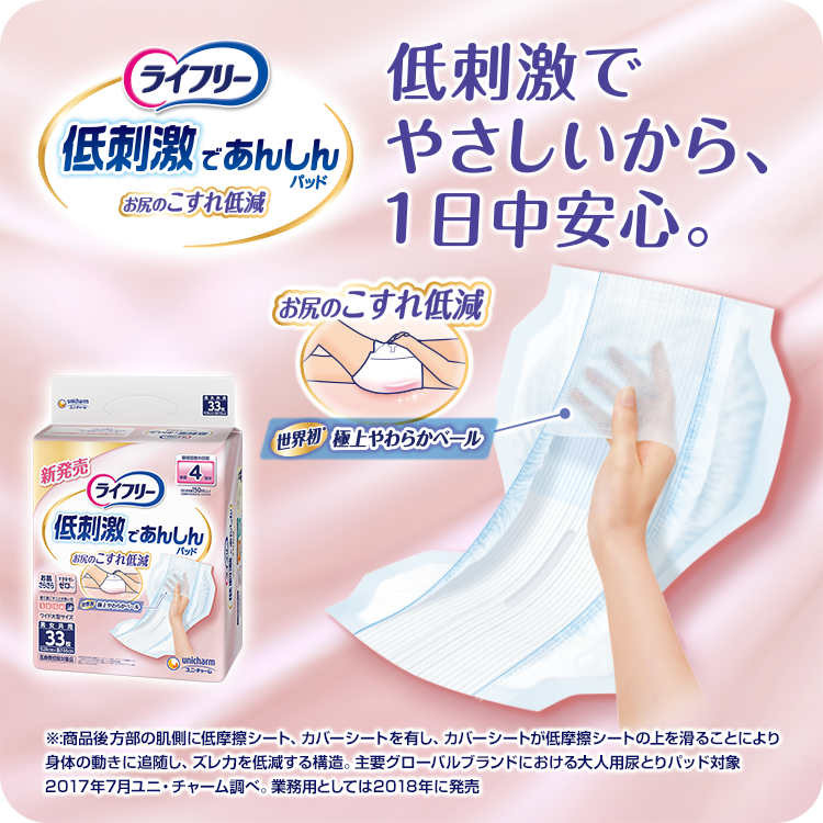 ライフリー 低刺激であんしんパッド お尻のこすれ低減 低刺激でやさしいから、1日中安心。 お尻のこすれ低減 世界初※ 極上やわらかベール ※:商品後方部の肌側に低摩擦シート、カバーシートを有し、カバーシートが低摩擦シートの上を滑ることにより身体の動きに追随し、ズレ力を低減する構造。 主要グローバルブランドにおける大人用尿とりパッド対象 2017年7月ユニ・チャーム調べ。 業務用としては2018年に発売