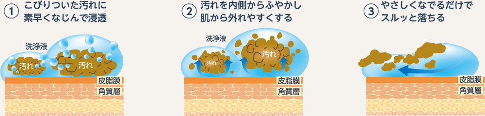 ①こびりついた汚れに素早くなじんで浸透 ②汚れを内側からふやかし肌から外れやすくする ③やさしくなでるだけでスルッと落ちる