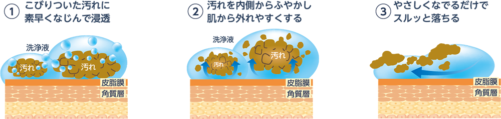 ①こびりついた汚れに素早くなじんで浸透 ②汚れを内側からふやかし肌から外れやすくする ③やさしくなでるだけでスルッと落ちる