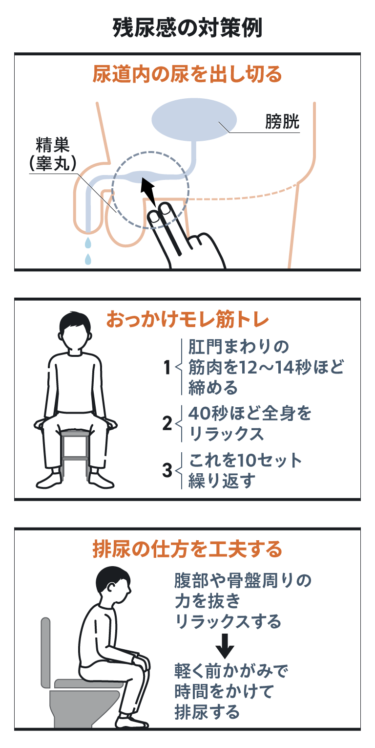 残尿感の対策例 尿道内の尿を出し切る おっかけモレ筋トレ 1;肛門まわりの筋肉を12~14秒ほど締める 2;40秒ほど全身をリラックス 3;これを10セット繰り返す 排尿の仕方を工夫する 腹部や骨盤周りの力を抜きリラックスする &rarr; 軽く前かがみで時間をかけて排尿する